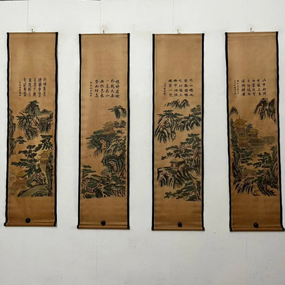 Chinese Rice Paper Four-Panel Landscape Scroll Painting