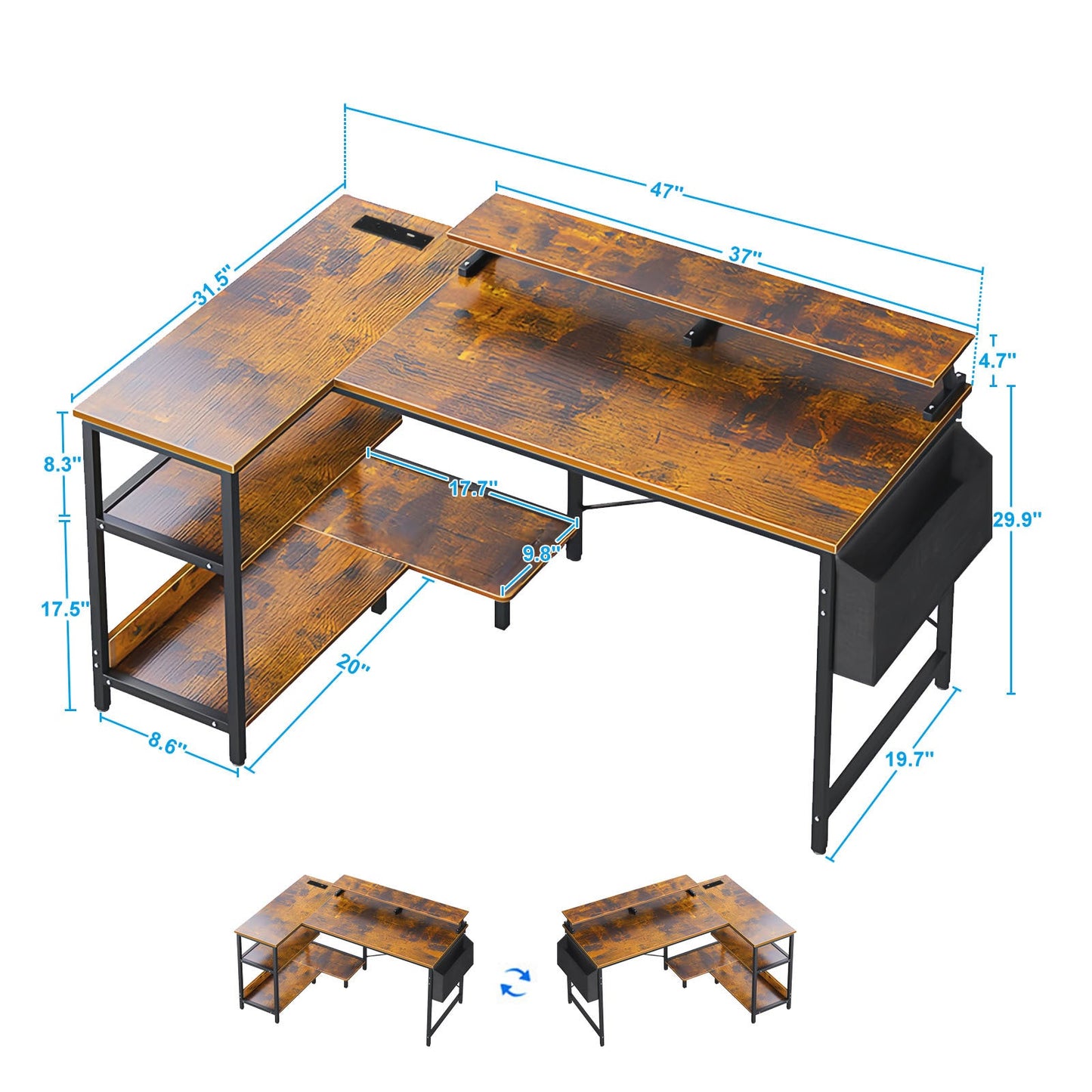 Vintage Black+Brown L Shaped Gaming Desk with Power Outlets, Monitor Stand...