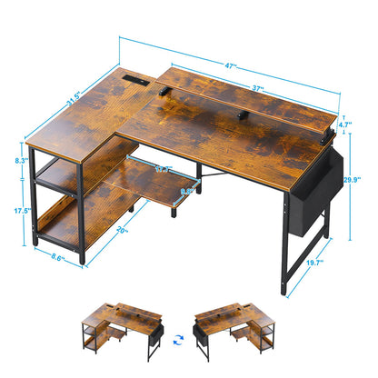 Vintage Black+Brown L Shaped Gaming Desk with Power Outlets, Monitor Stand...