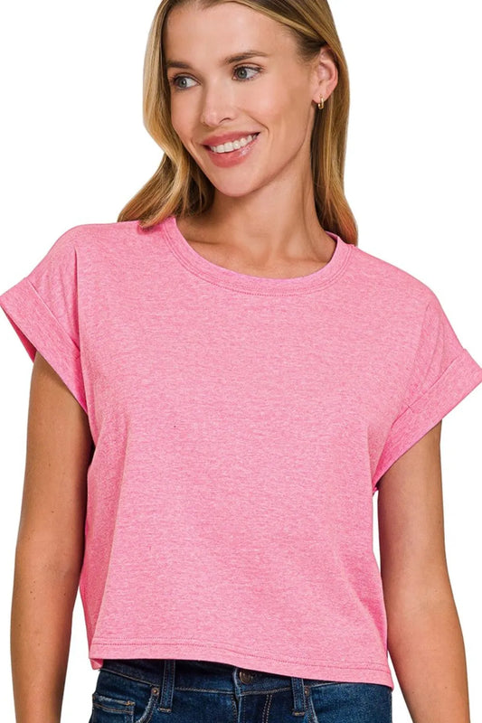 Zenana Rolled Sleeve Crop T-Shirt