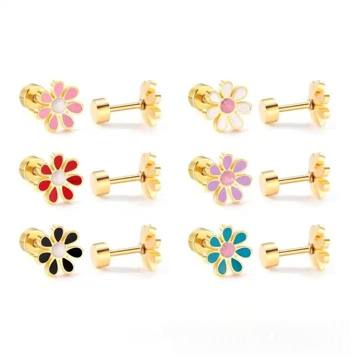 European And American-style Stainless Steel Oil-dripping Seven-petal Flower Stud Earrings