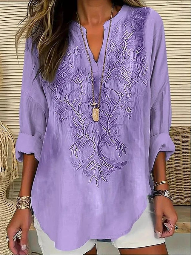 Womens Fashion Floral Print V-Neck Long-Sleeve T-Shirt