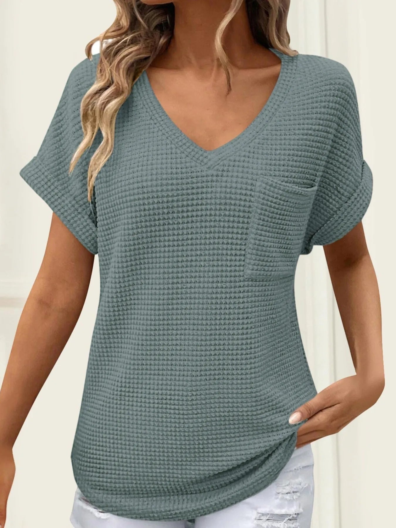 Waffle Knit V-Neck Casual T-Shirt