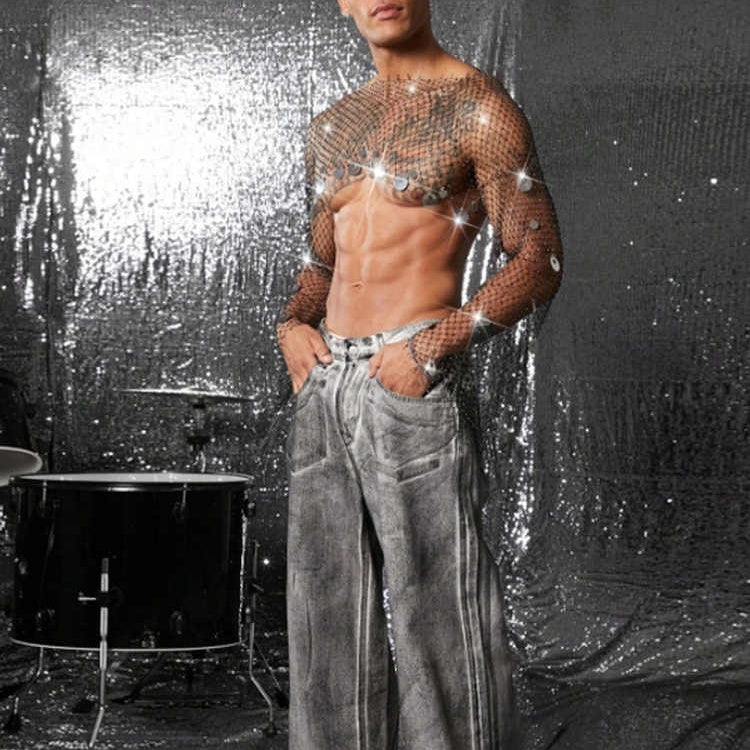 Men's Transparent HollowOut Top Men's Mesh TShirt With Openwork Design Glittering Rhinestone And Sequin Fishnet Vest
