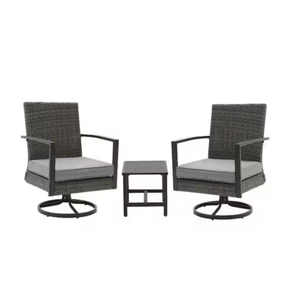 Outdoor Bistro Set Rattan Swivel Rocker Gray 3 Piece with Side Table
