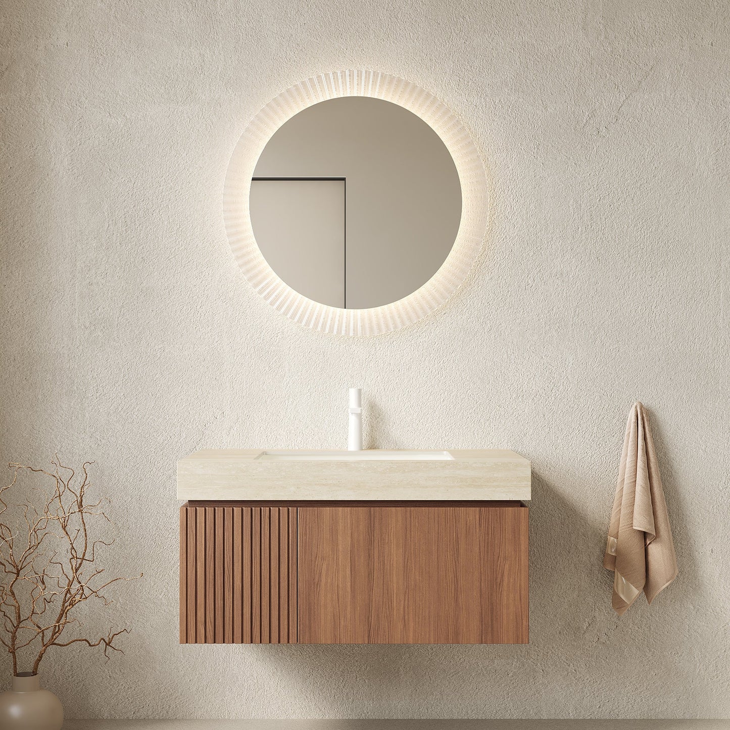 36' Bathroom Vanity with Sink, Floating Plywood Cabinet Roma Travertine Sintered Stone