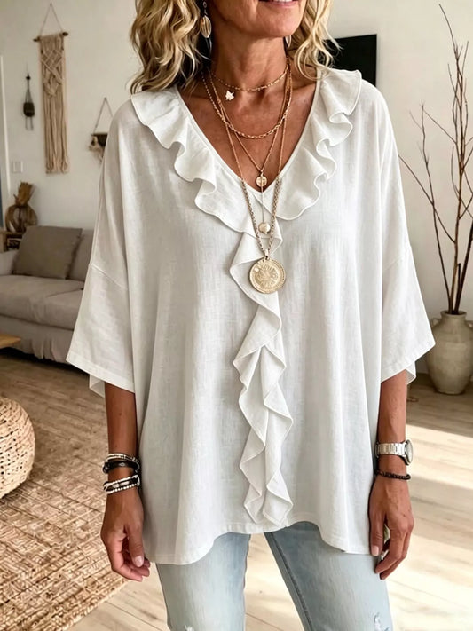 Full Size Ruffle V-Neck 3/4 Sleeve Blouse Plus Size