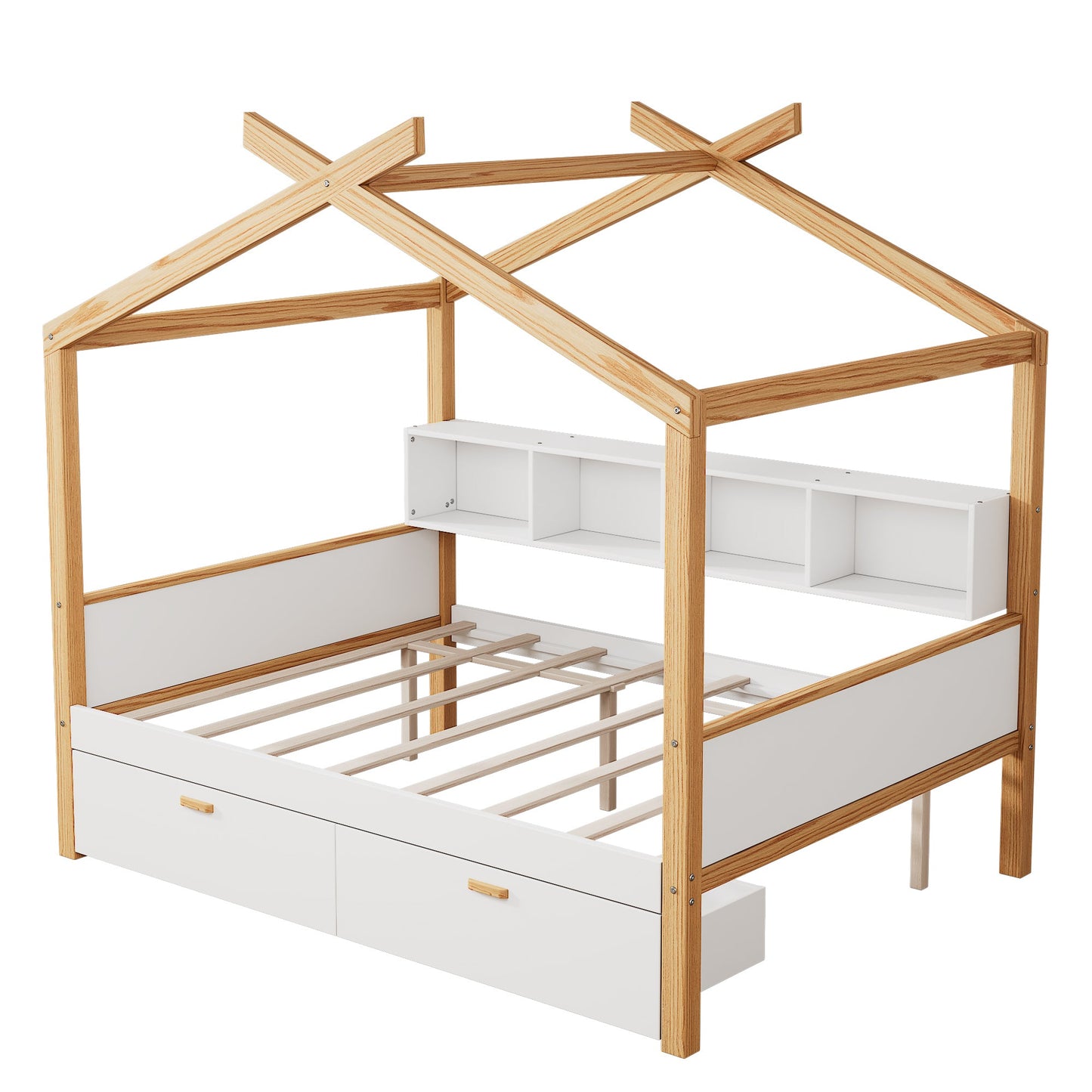White Full Size Wooden House Bed with Two Drawers and Bookshelf Storage