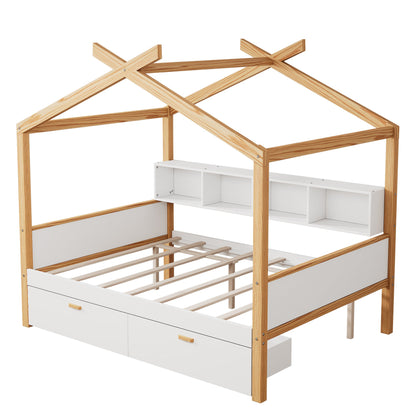 White Full Size Wooden House Bed with Two Drawers and Bookshelf Storage