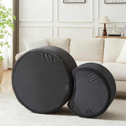 Upholstered Round Coffee Table Set of 2, Black Corduroy Fabric, No Assembly