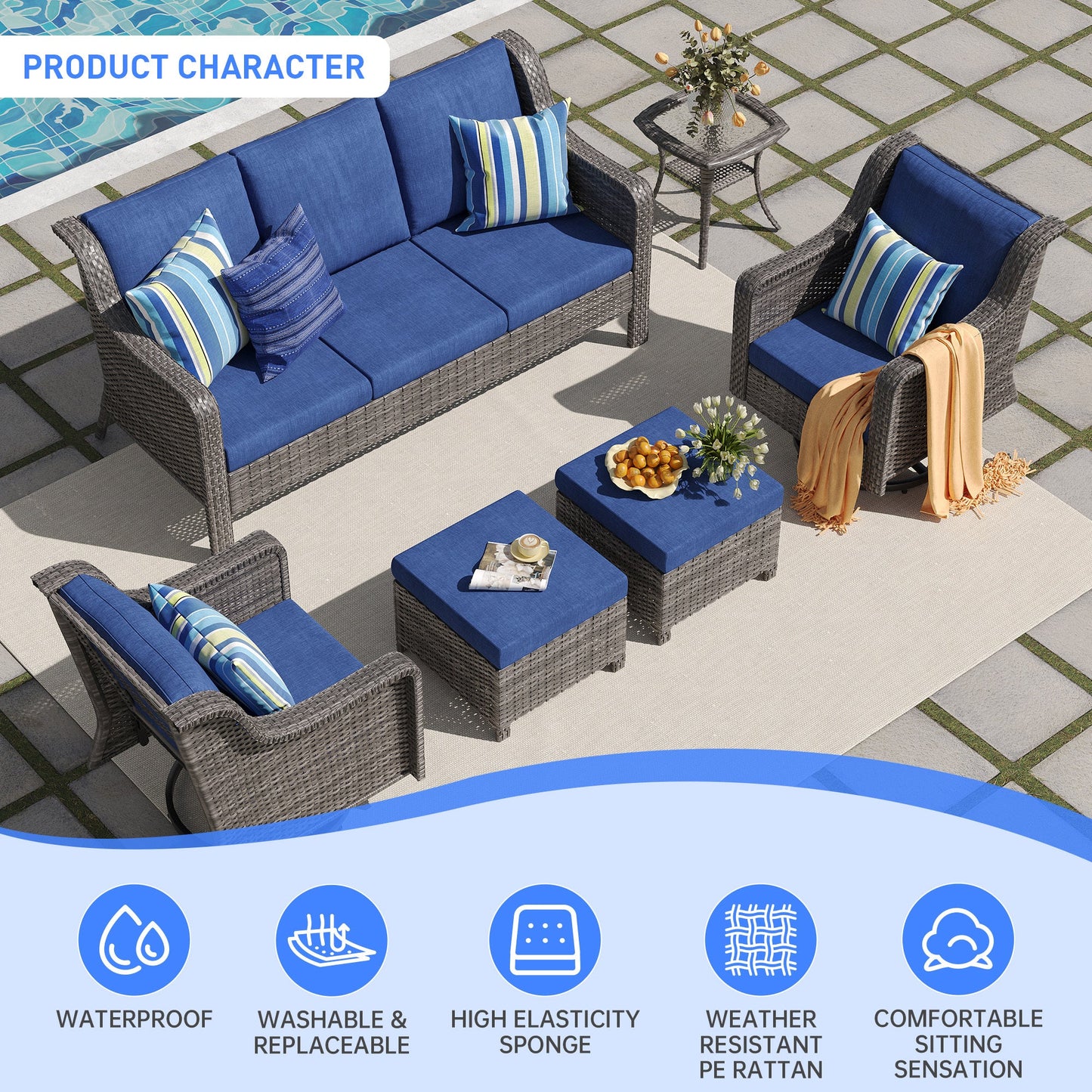 Outdoor Patio Set PE Rattan Swivel Chairs Gray Blue