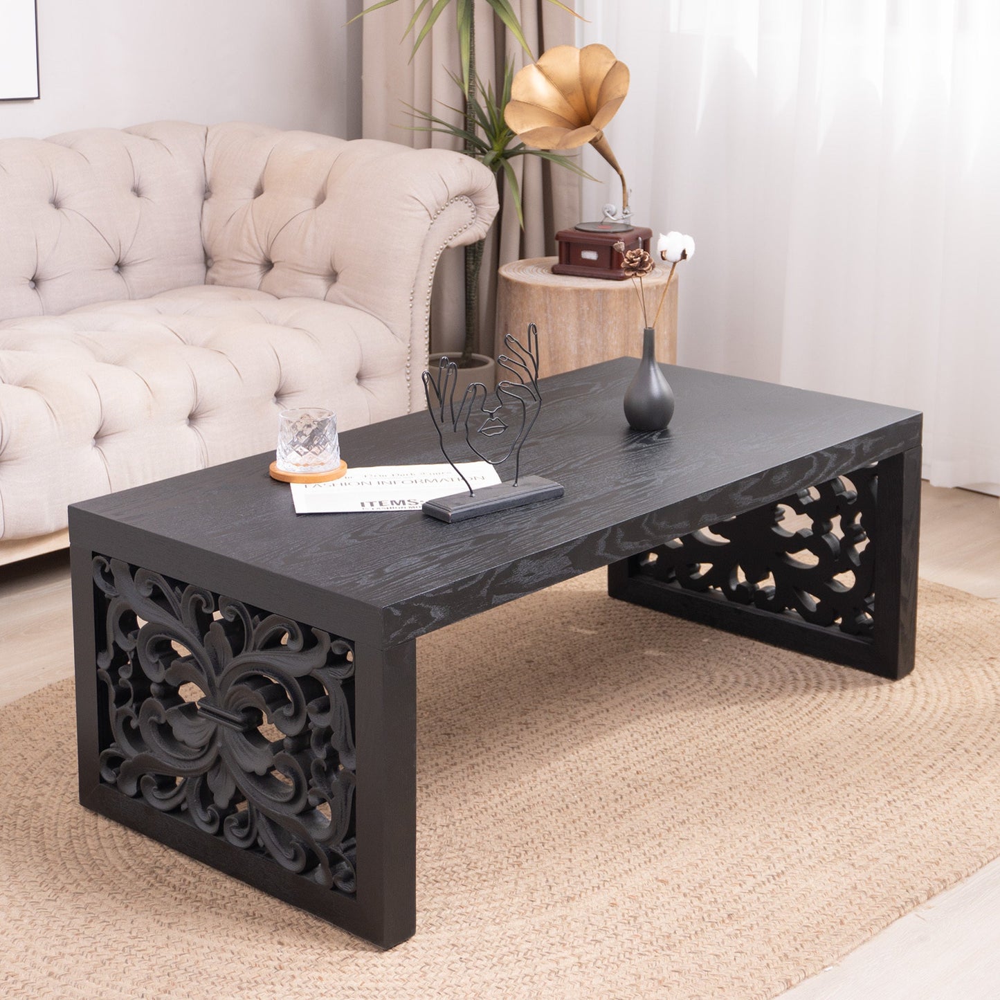 47.2 in Solid Black Carved Wood Coffee Table, Handcrafted Ornate Side Panels