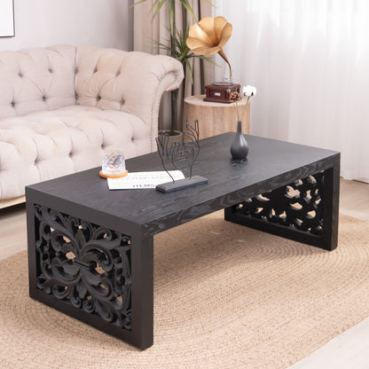 47.2 in Solid Black Carved Wood Coffee Table, Handcrafted Ornate Side Panels