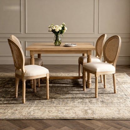 French Style Solid Wood Linen Fabric Rattan Back Dining Chair, Set of 2, Beige