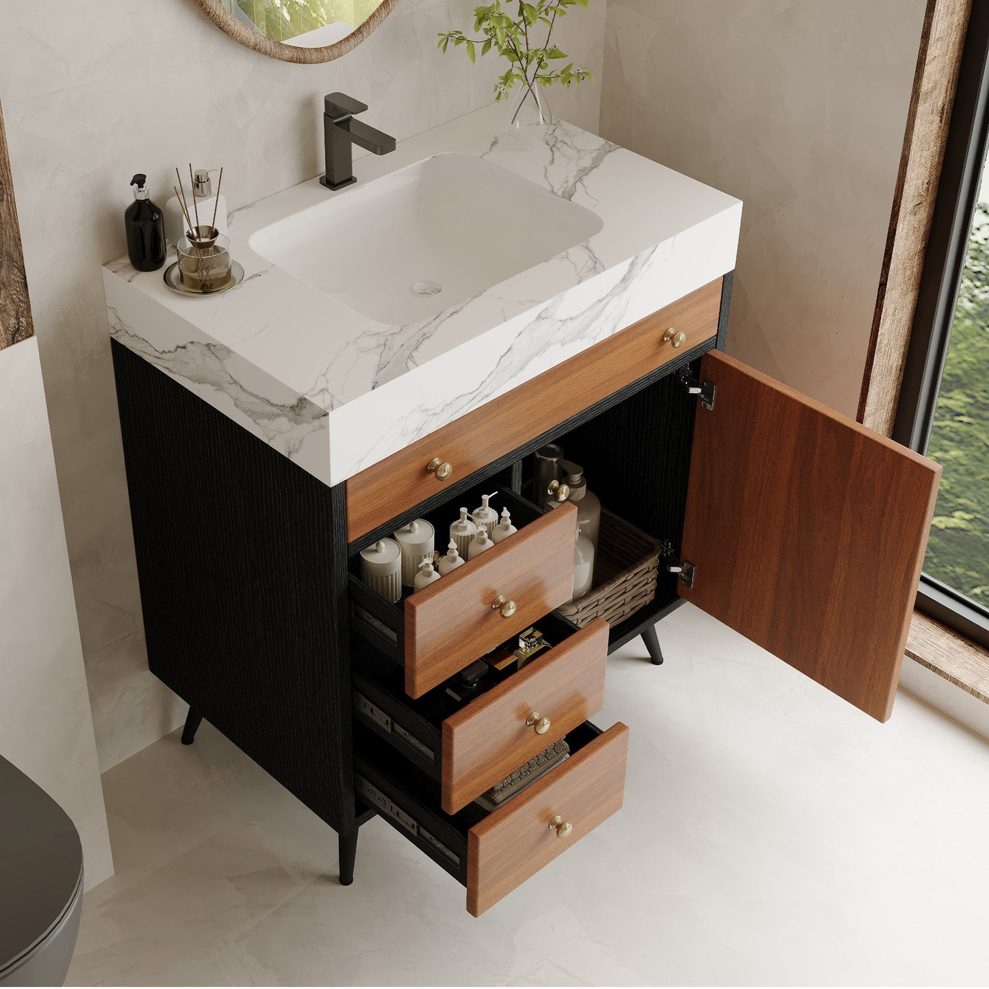 Modern Free-Standing Bathroom Vanity with Ceramic Sink & Sintered Stone Top