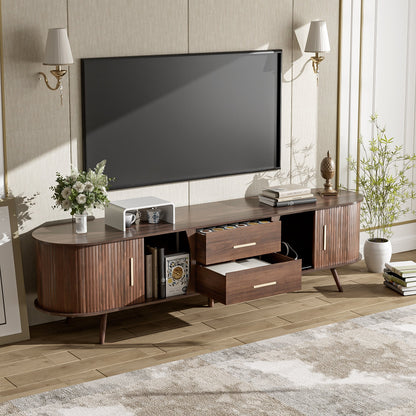 TV Stand Mid-Century Dark Brown Solid Wood Sliding Door Fits 80 In TV 70.8 In