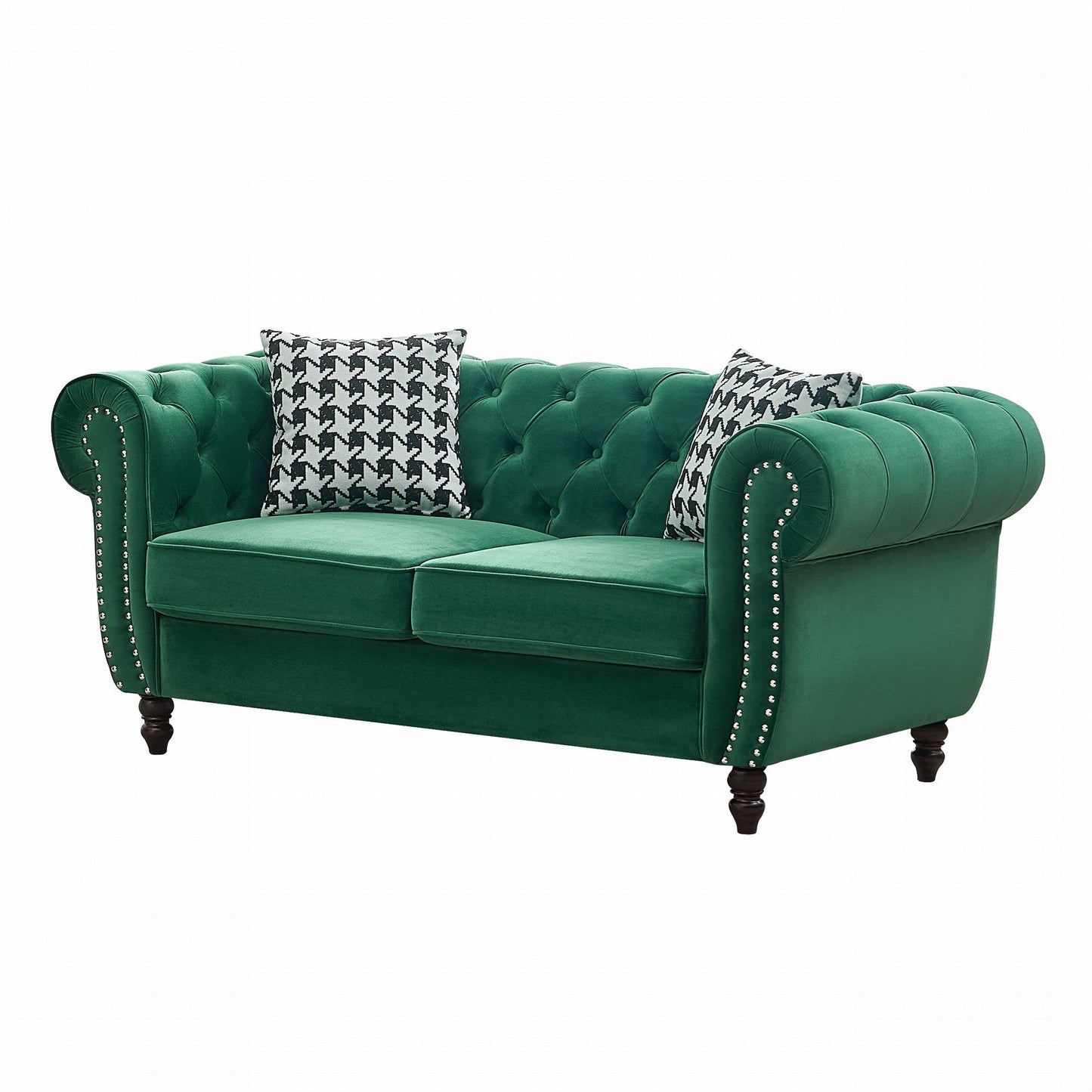 Loveseat Chesterfield Velvet Green Mid-Century Nailhead Rolled Arms 67 In