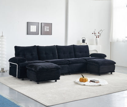 Sectional Sofa U-Shape Modular Corduroy Black 6-Seat with 2 Ottomans 140.94 In