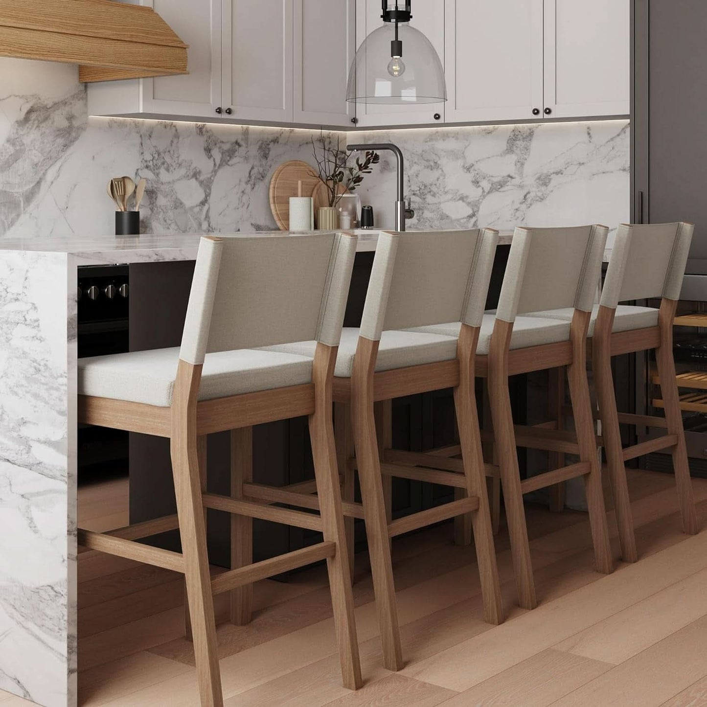 Bar Stool With Back Upholstered In Natural Flax Fabric