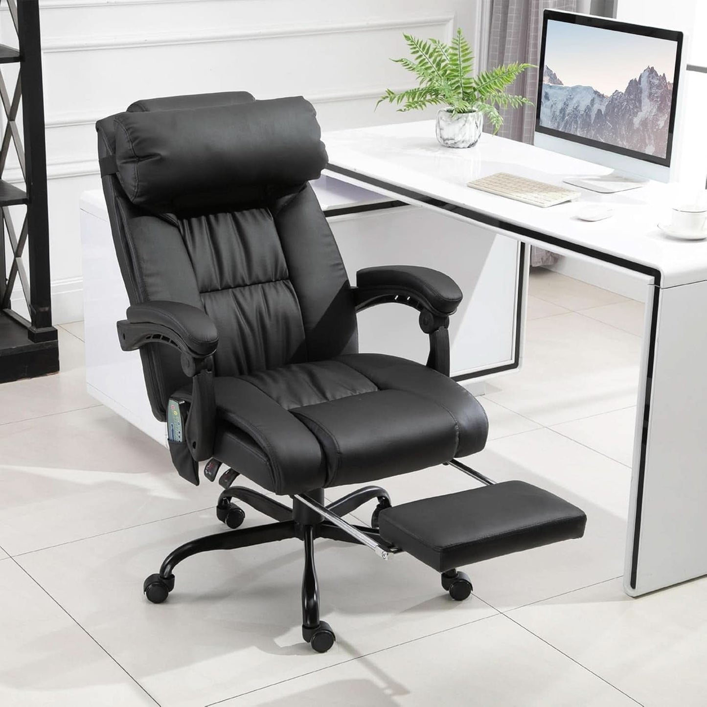 High Back Massage Office Chair With 6 Vibration Points And Footrest Black