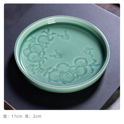 Handmade Celadon “Longevity Peach” Pot Stand – Small Tea Tray & Bearing Holder