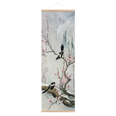 Retro Chinese Flower Birds Scroll Canvas Wall Art Poster Vintage Lotus Nature Landscape Scroll Painting for Bedroom Office Decor