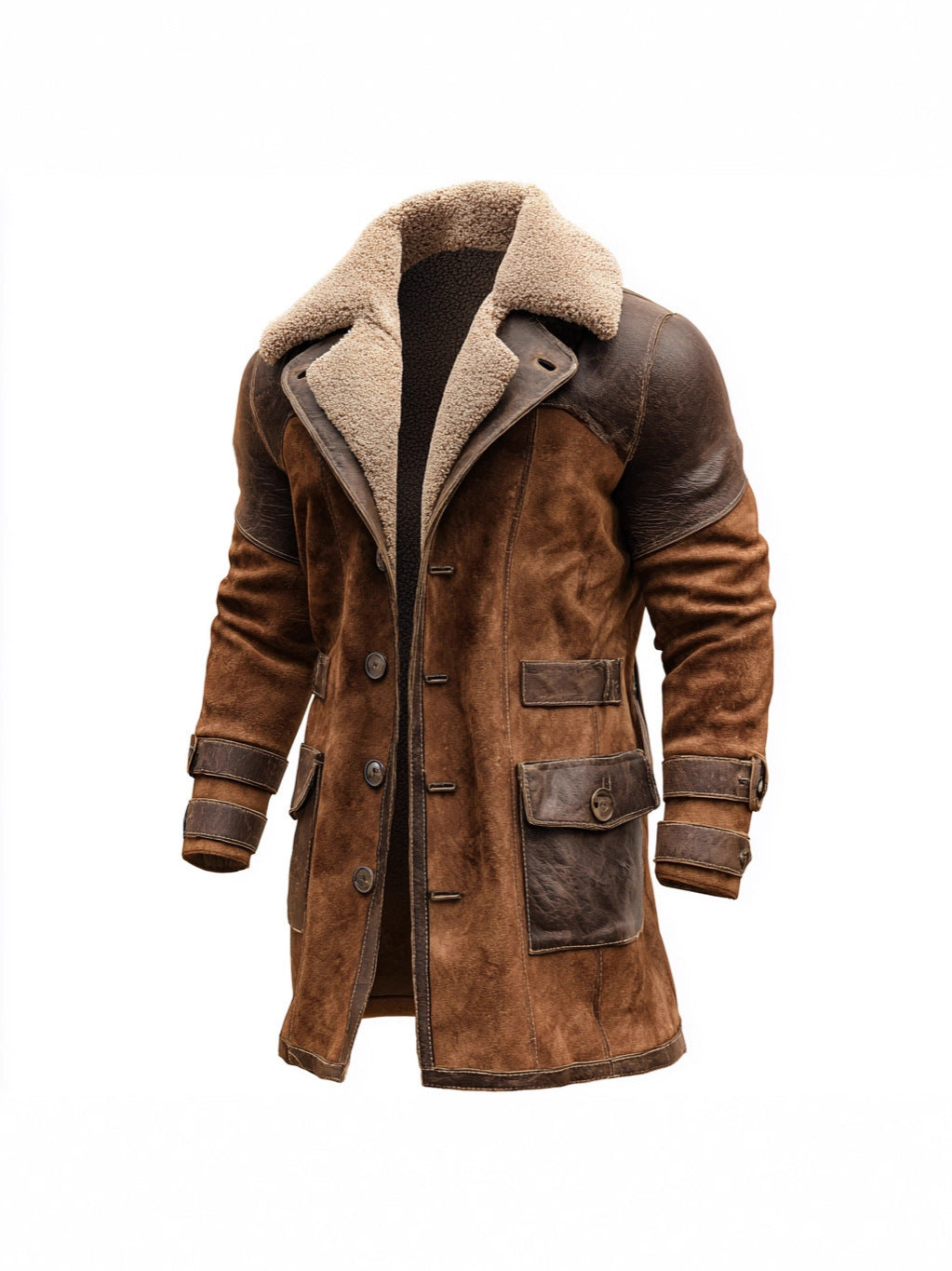 Mens Retro Patchwork Suede Coat, Long Style For Fall And Winter