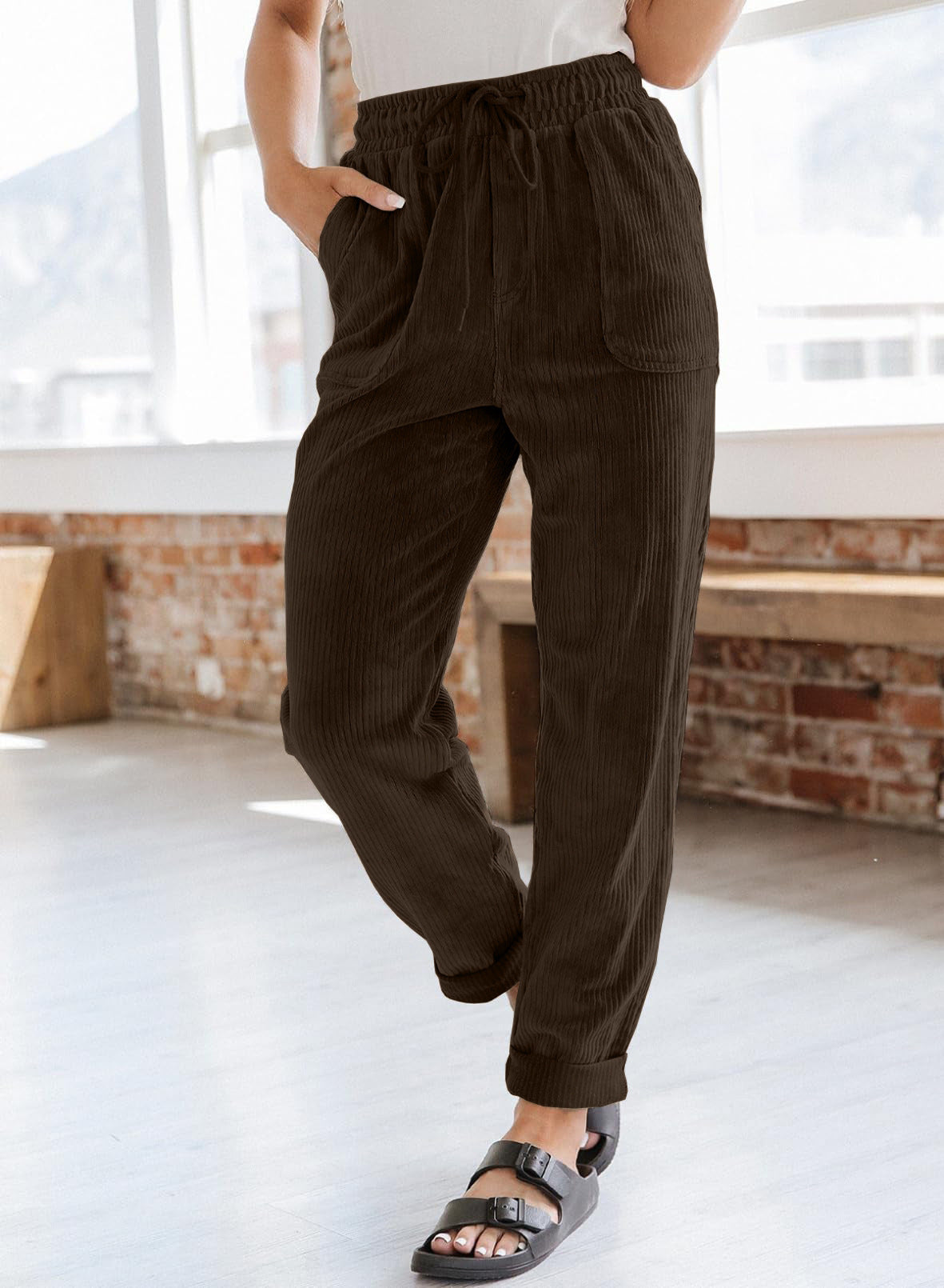 European And American Casual Pants Fashion Solid Color Corduroy Wide-leg Pants Women's Pants