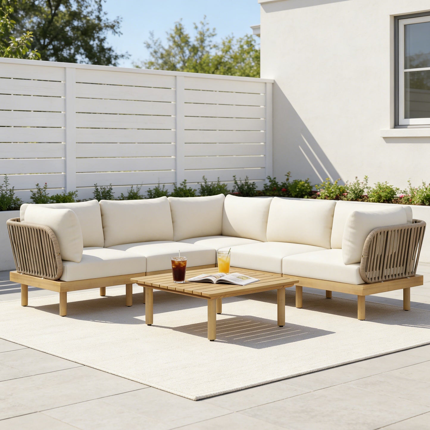 Outdoor Sectional Set Acacia Wood Rope L-Shape Beige 6 Piece