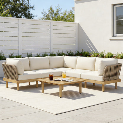 Outdoor Sectional Set Acacia Wood Rope L-Shape Beige 6 Piece