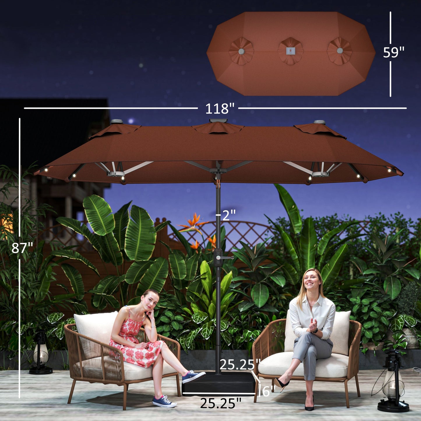 Patio Umbrella Double Sided Solar LED 118" Tilt