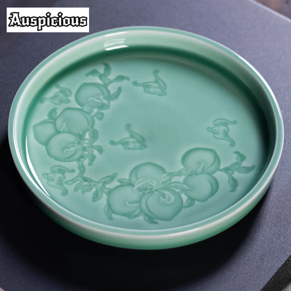 Handmade Celadon “Longevity Peach” Pot Stand – Small Tea Tray & Bearing Holder