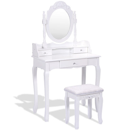 Vanity Table Set with Cushioned Stool with 360¬∞ Rotating Oval Mirror and Three Drawers-White