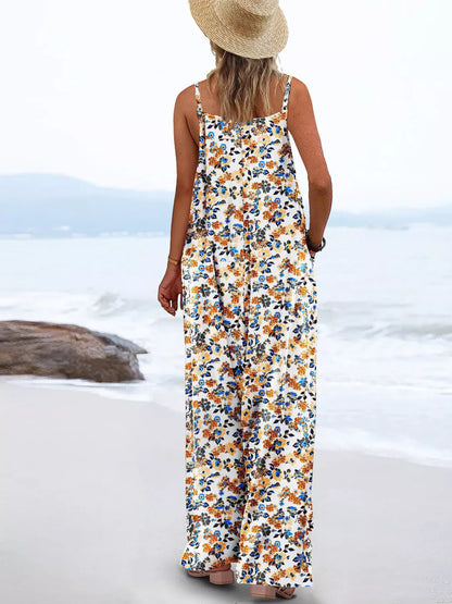Full Size Floral Print Wide Leg Spaghetti Strap Overalls Plus Size
