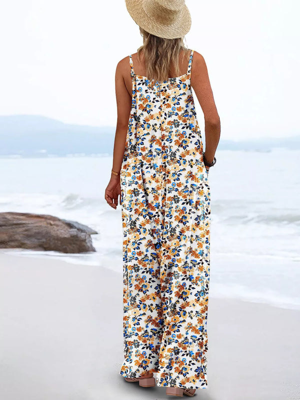 Full Size Floral Print Wide Leg Spaghetti Strap Overalls Plus Size