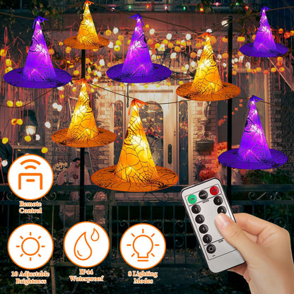 8-Pack Witch Hat Hanging String LED Lights Halloween Indoor Outdoor Decor