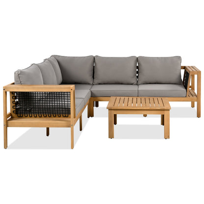 Outdoor Sofa Set Acacia Wood Rope Gray Cushion 4 Piece L-Shape Seats 6