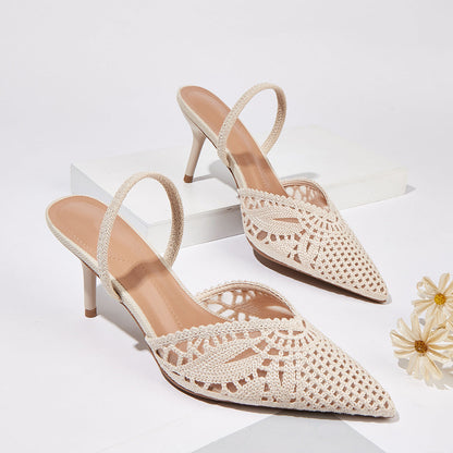 Women's Apricot Knit-Cutout Slingback Sandals, Pointed Toe, 6-8 cm Heel