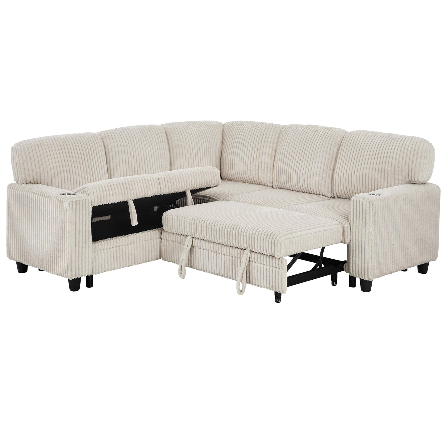 Sofa Bed L-Shape Corduroy Beige 5 Seat Pull-Out USB Ports 81 In