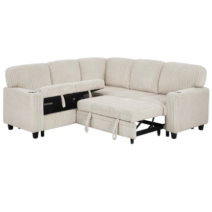 Sofa Bed L-Shape Corduroy Beige 5 Seat Pull-Out USB Ports 81 In