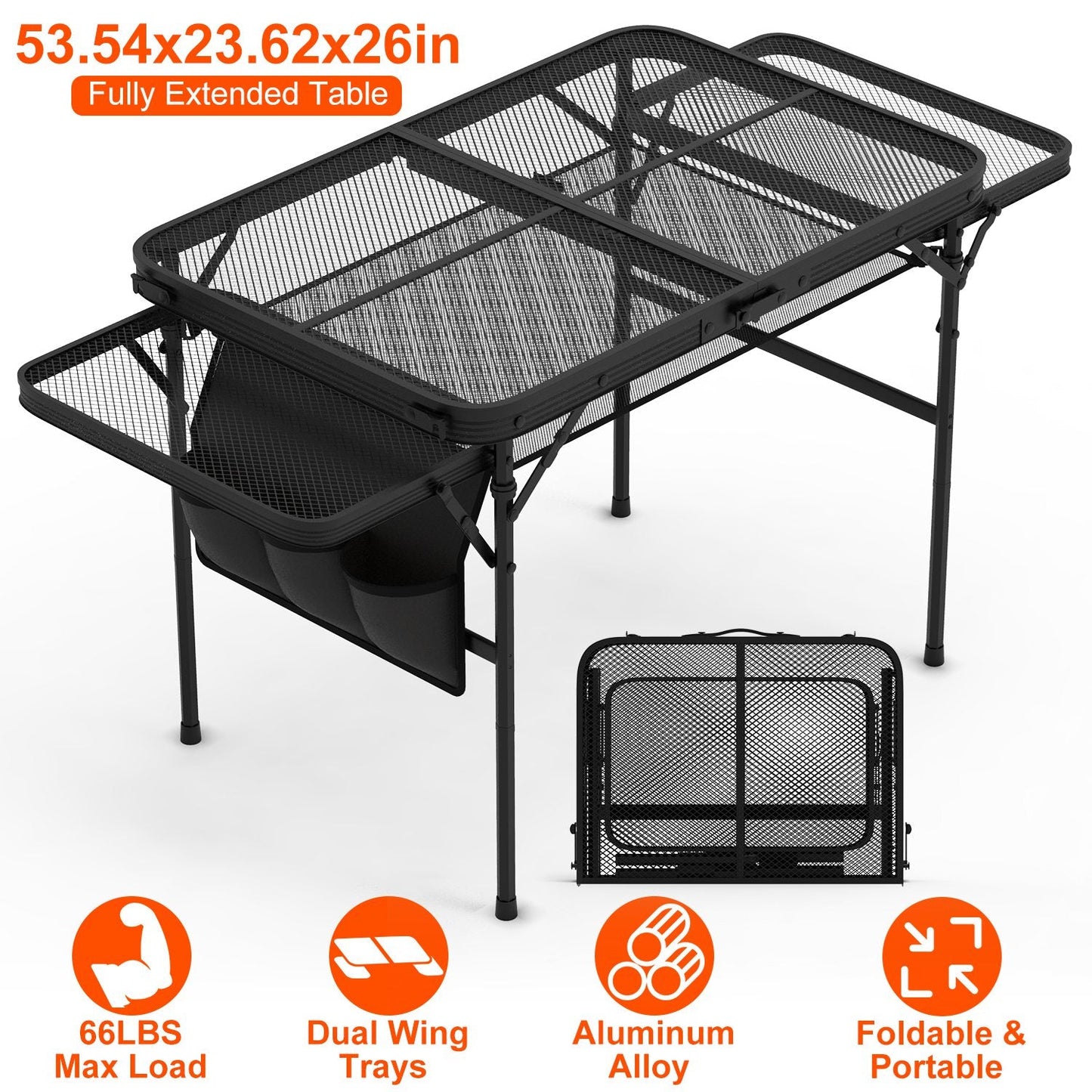 Foldable Camping Table Collapsible Picnic Aluminum Alloy Grill Stand BBQ Table with 66LBS Max Load Adjustable Height 2 Side Wing Trays Storage Net