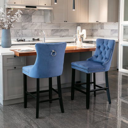 Contemporary Velvet Upholstered Barstools Button Tufted with Wooden Legs Set of 2, Blue