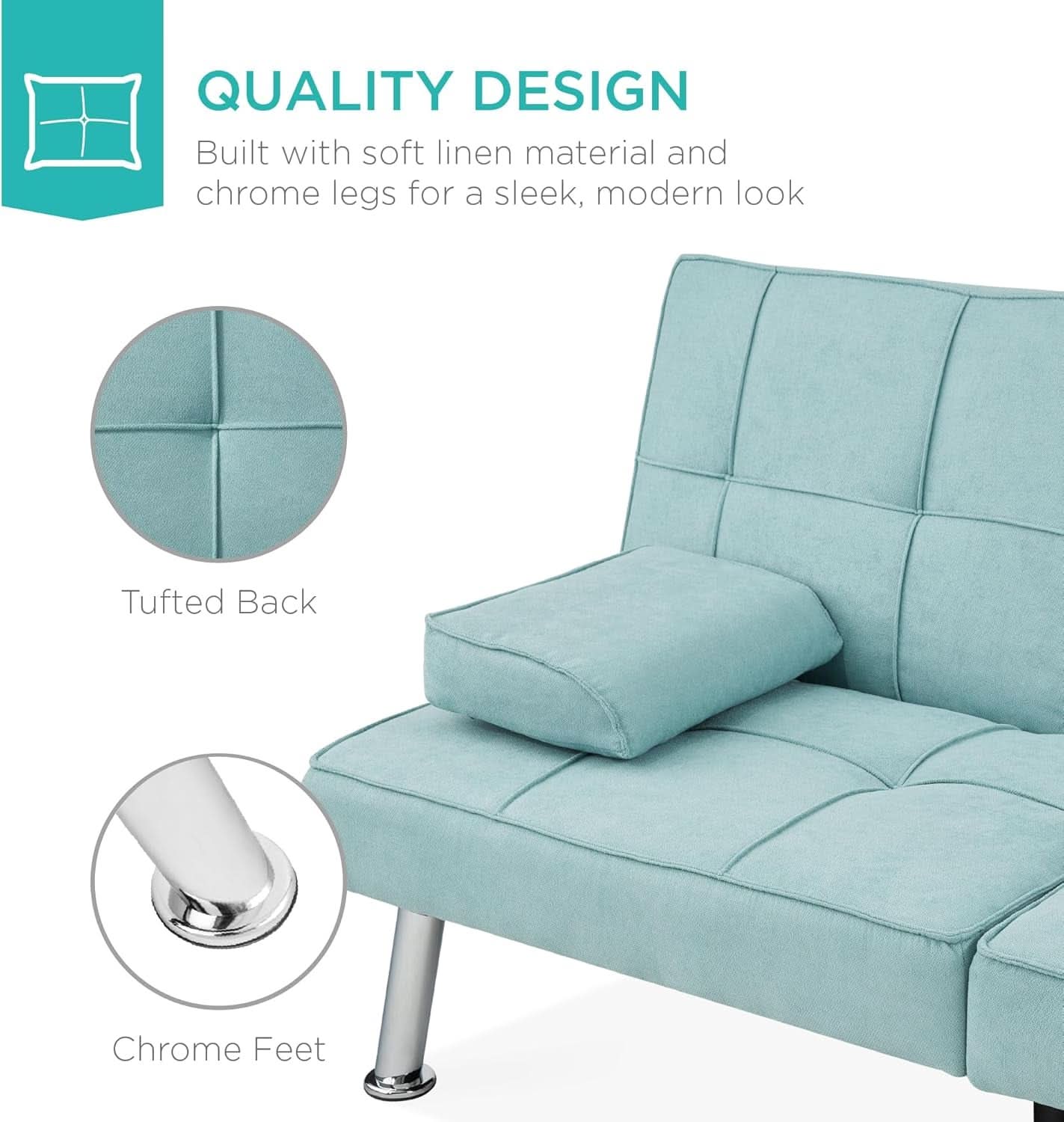 Linen Folding Futon Sofa Bed Aqua With Removable Armrests