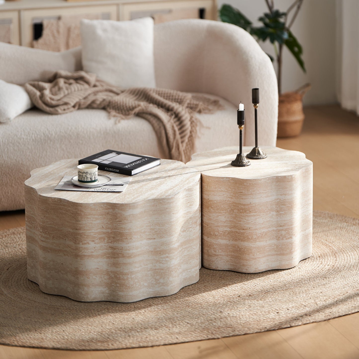 Set of 2 Round Coffee Side Tables, Faux Mars Pattern, Minimalist, Living Room