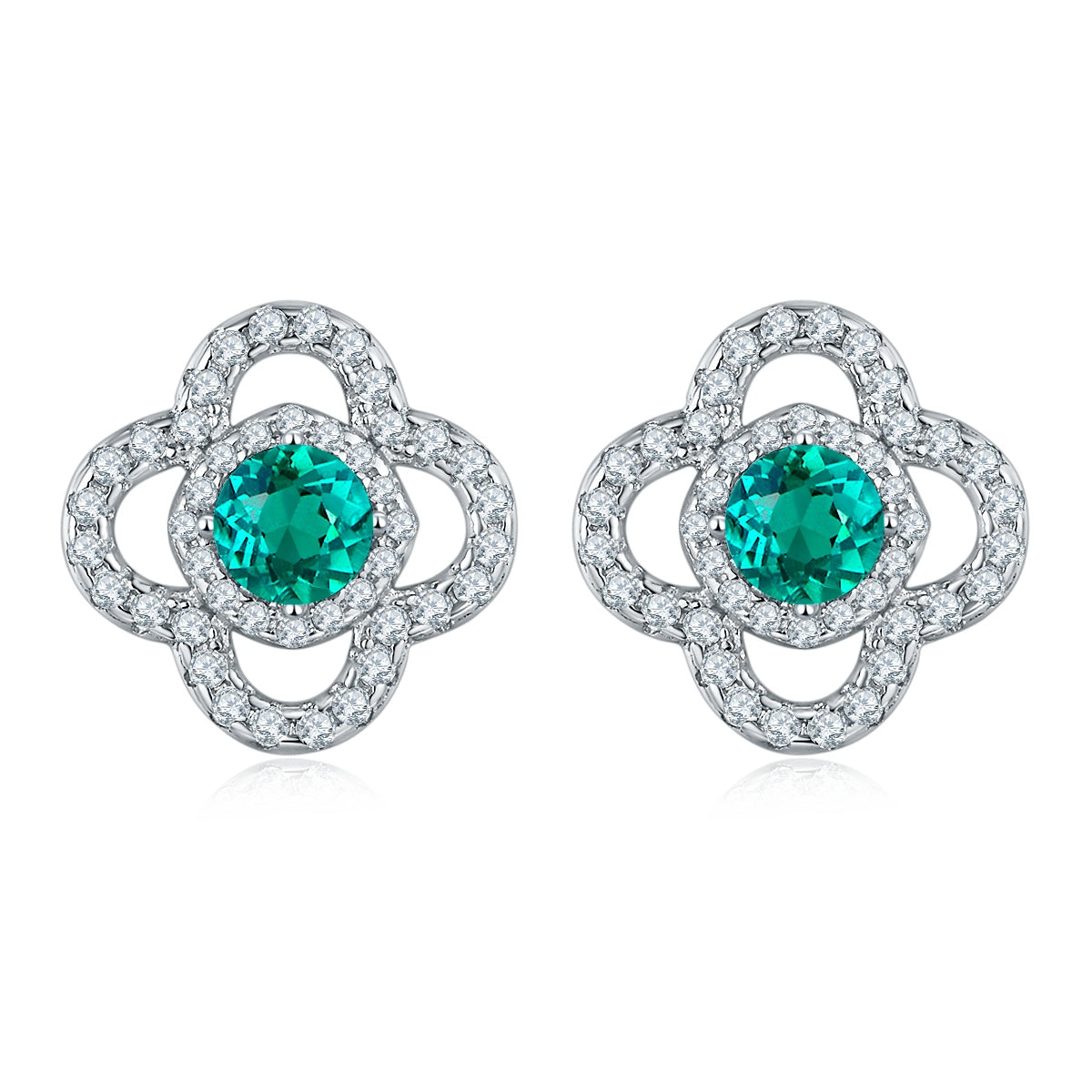 S925 Sterling Silver Clover Stud Earrings, 3.5mm Lab-Grown Emerald, Platinum Plated 2g Lightweight Women's Jewelry Gift Box