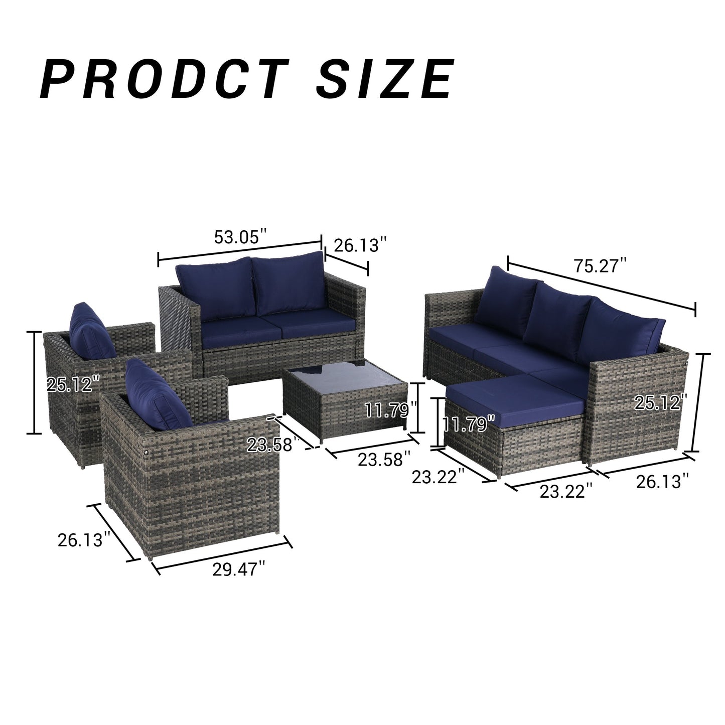 Outdoor Patio Set PE Rattan Steel Dark Blue Cushion 6 Piece Seats 8