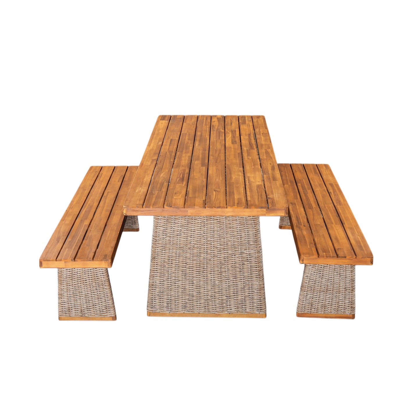 Outdoor Dining Set Acacia Wood Brown 3 Piece Table 2 Benches Rattan Legs