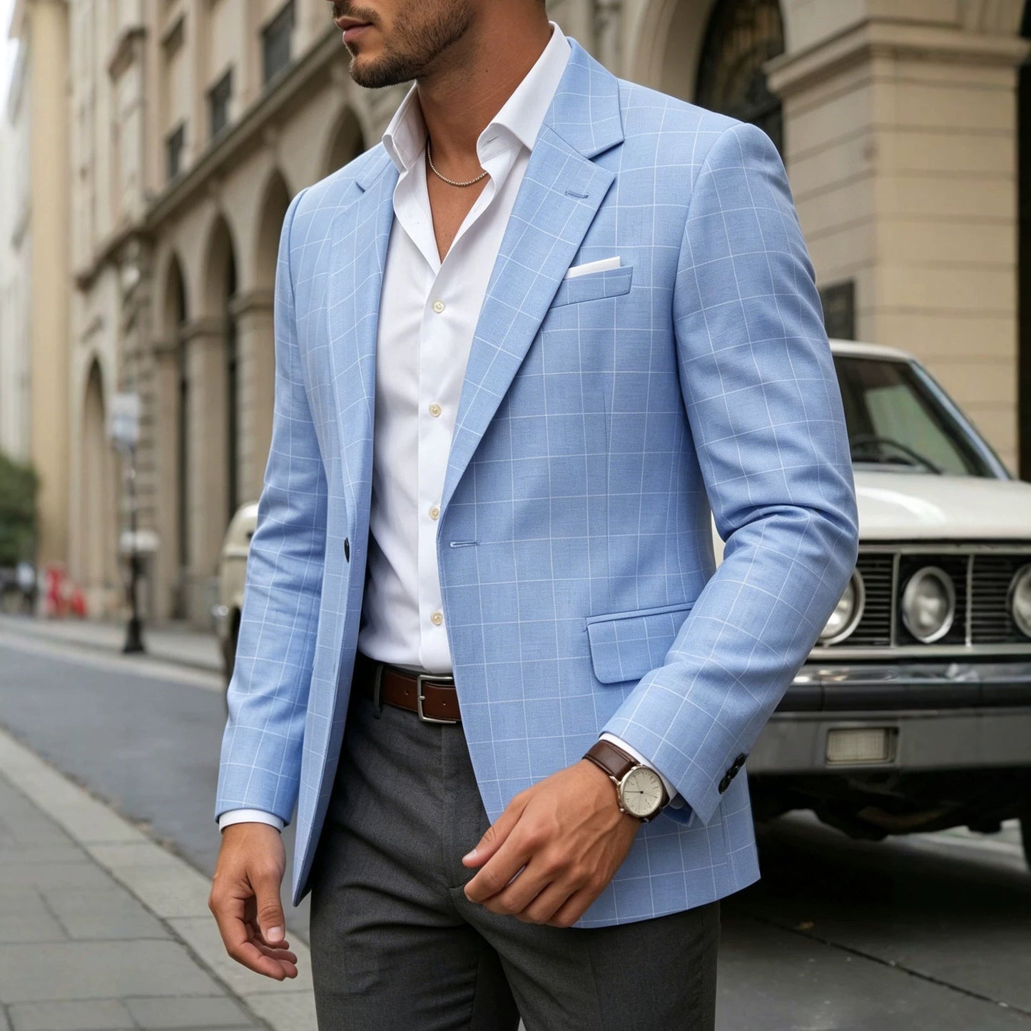 Mens Light Business-Style Plaid Suit Jacket