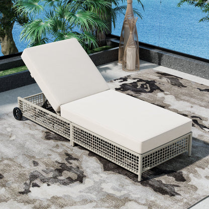 Outdoor Lounge Chair, 5-Position Adjustable Rattan Chaise with Cushion and