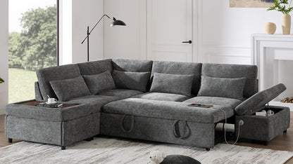 Sofa Bed L-Shape Chenille Gray 6 Seat Pull-Out USB Ports 107 In